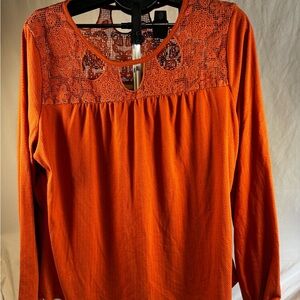 Like New Wrangler Boho Lace Yoke Top Orange Long Sleeve Blouse XXL